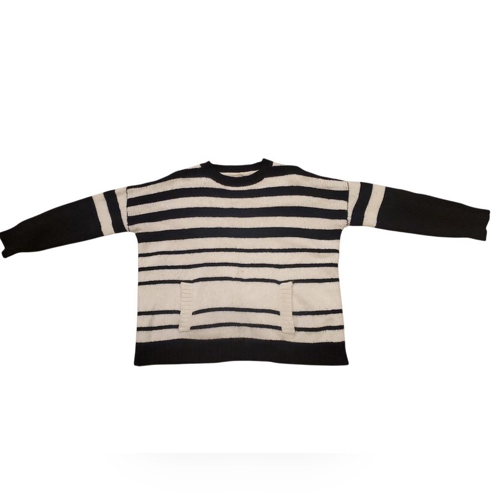 Joan Vass Black and White Striped Boxy Crewneck Wool Blend Sweater Size M Medium